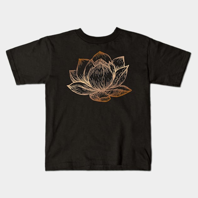 Golden Lotus Flower on Black Kids T-Shirt by Cecilia Mok